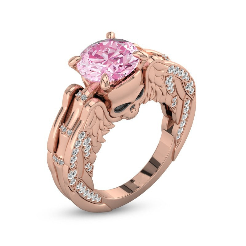 Luxury Rose Gold Skul  Ring With Angel Wings