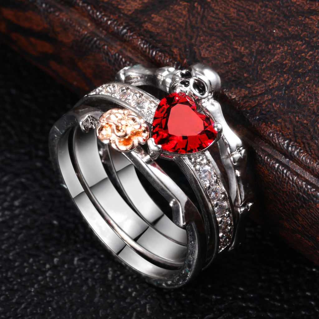 Skull Heart Crystal  Ring Set